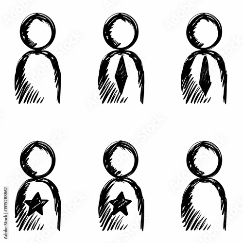 Black and white set of eight human with various symbols human people stick figures