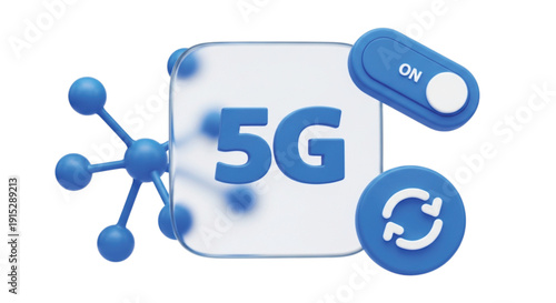 Blue 5G icon with a switch marked "ON," a network node symbol, and a refresh arrow, conveying connectivity and modern technology themes.