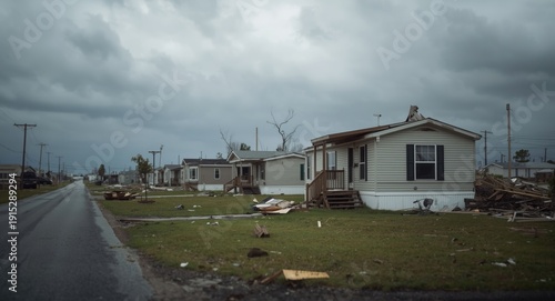Housing area with badly damaged mobile homes following hurricane