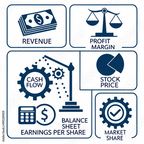 Corporate finance K P I for revenue, profit margin, stock price, market share, earnings per