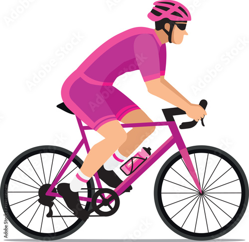 Cyclist with helmet and sunglasses riding a bicycle in cycling shorts and jersey. Purple and pink flat design. Hand drawn vector illustration. 