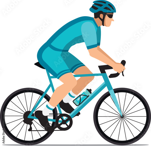 Cyclist with helmet and sunglasses riding a bicycle in cycling shorts and jersey. Blue flat design. Hand drawn vector illustration. 