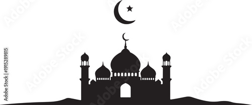 A black silhouette of a mosque with a crescent moon and star