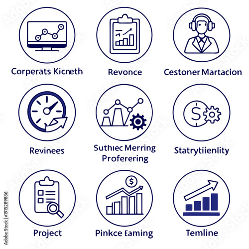 Corporate K P I monitoring set with 8 blue and labels