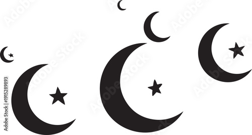 A group of crescent moons and stars on a white background