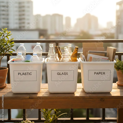 Waste separation bins for plastic, glass, and paper on a balcony with city background.