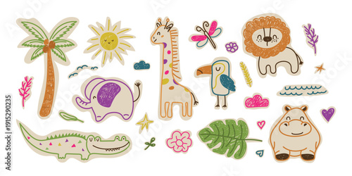 A set of colorful hand-drawn animal drawings in colored pencils. Wild animals for creating collages on a beige background in doodle  style. Vector design.