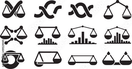 Set of justice law and balance icons in black