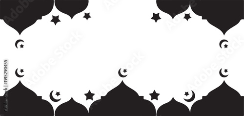 A black and white image of a mosque with stars and crescent moons