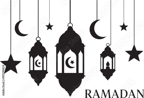 A black and white image of lanterns and stars for ramadan