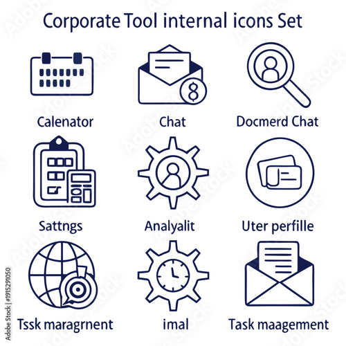 Corporate tool internal set of 8 blue line on white background