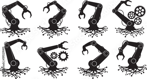 Robotic arms with various tools and gears on white