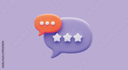 Two overlapping, cartoon-style speech bubbles on a lavender background. The orange bubble has three dots, and the purple one has three white stars.