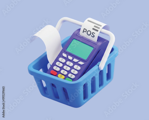 Blue shopping basket holding a purple POS terminal with a printout. The setup symbolizes a retail purchase. The background is a light blue shade.