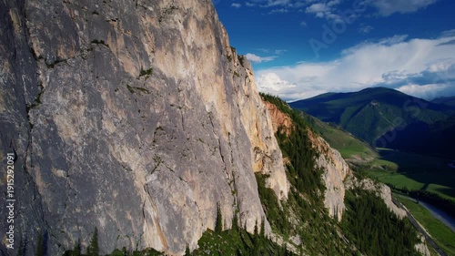 Aerial top view Landscape Altai mountains white rock with green forest and winding river, summer.