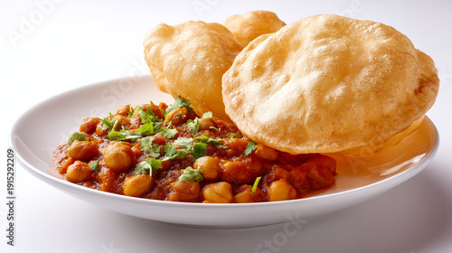 A plate of delicious chole bhature on a white background