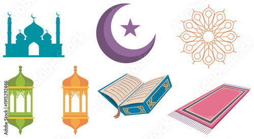 Islamic symbols set, vibrant vector illustrations, cultural celebration, religious festival design, Eid and Ramadan icons, mosque, crescent, star elements