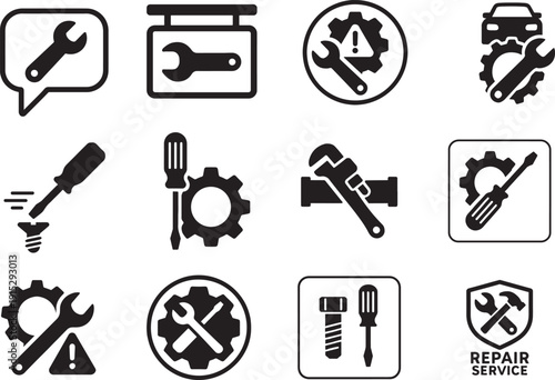 Modern wrench and gear icon set for industrial service and repair graphics