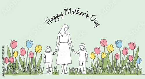 Mother and two children standing in colorful tulip garden with Happy Mother's Day text, vector illustration isolated on transparent background