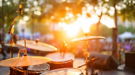 Drum set on stage during sunset at a summer music festival in the park