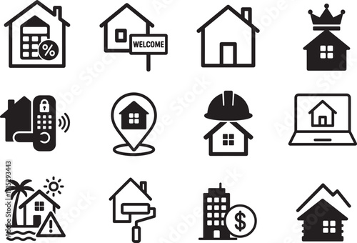 Clean line real estate icon collection for property market and home services