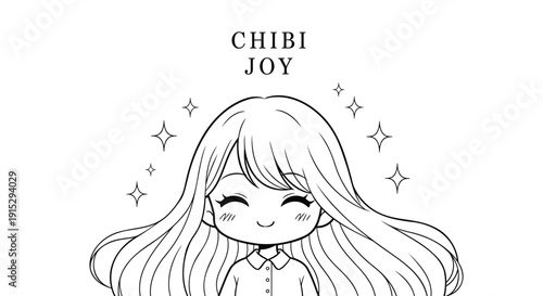 Chibi girl with long hair and sparkles smiling isolated on transparent background