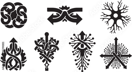 Collection of intricate black symbolic designs and patterns set