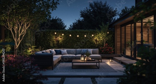 Peaceful summer night in a cozy modern backyard with garden furniture and soft outdoor lights