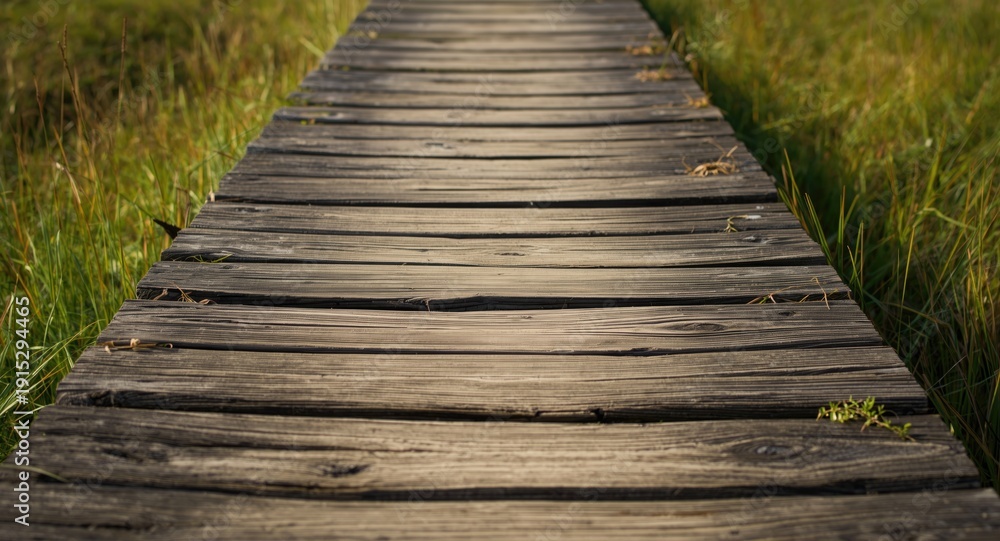 Obraz premium Faded plank bridge surface highlighted by bright grassy texture background