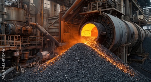 Steel plant showing converter in action dumping hot slag alongside industrial machinery