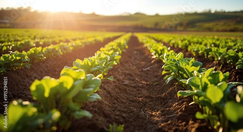 Healthy sugar beet rows mature in nutrient packed earth bathed by warm sunlight illustrating vigorous crop growth