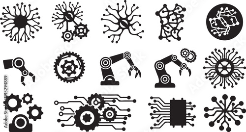 Industrial Technology Icons with Gears and Robotics Symbols