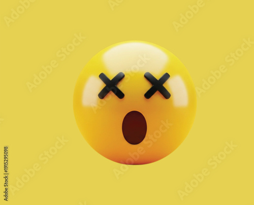 A glossy, yellow emoji with X-shaped eyes and an open mouth, conveying surprise or shock, set against a matching yellow background.