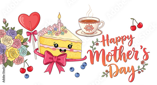 Mother's Day celebration with cake, tea, and flowers on transparent background
