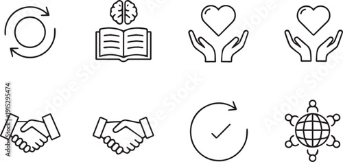 Minimalist Black Line Icons of Friendship, Trust, and Social Interaction – Vector Set