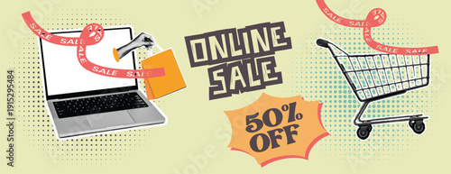 Retro vintage pop art, comic halftone Collage sale banner with halftone dots and vintage comic style elements advertising online sale and 50 percent off for social media cover header horizontal design