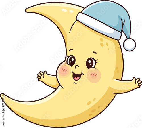 Adorable crescent moon character wearing a blue sleeping cap