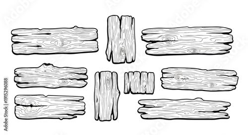 Foto Assorted wooden planks and logs arranged in a symmetrical pattern on a white bac