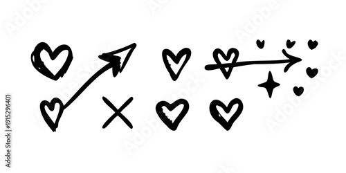 Hand drawn hearts and arrows with star and x