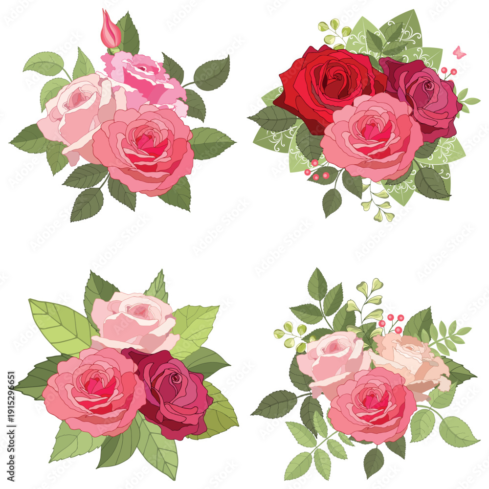 Naklejka premium Vintage floral arrangement on a white background. A collection of roses and peonies. A set of pink and red flower bouquets with red leaves. A card and invitation for a wedding