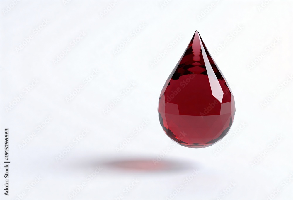 Fototapeta premium Single faceted ruby gemstone drop suspended in air with soft shadow on white background