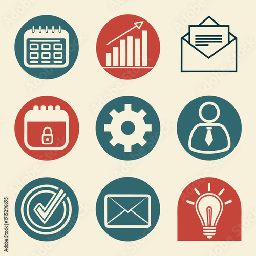 Set of 8 corporate internal tools in red and teal business finance calendar