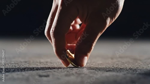 psychology of money concept. Hand picking up a coin from the ground on a dark surface.