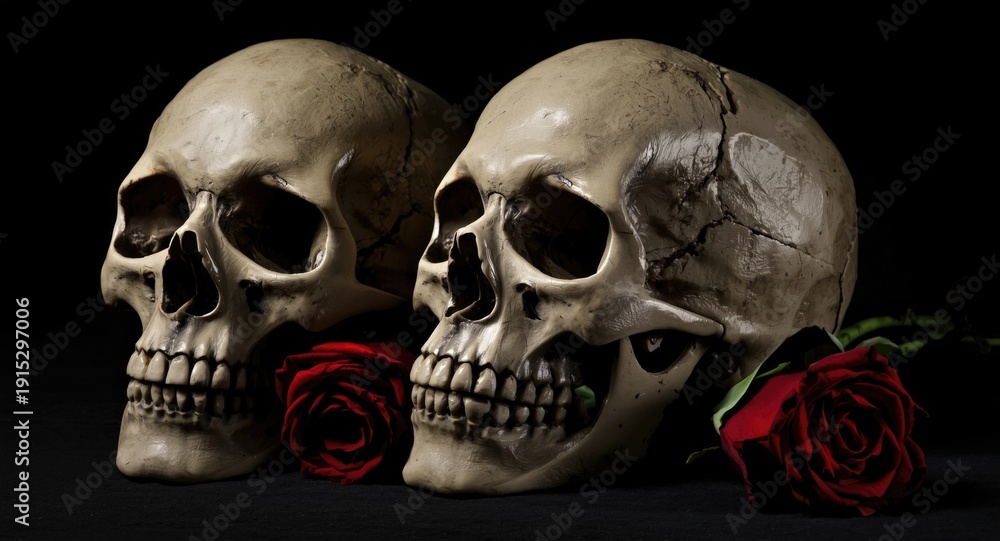 Obraz premium Two skeletal skulls with red roses against a black shadow background