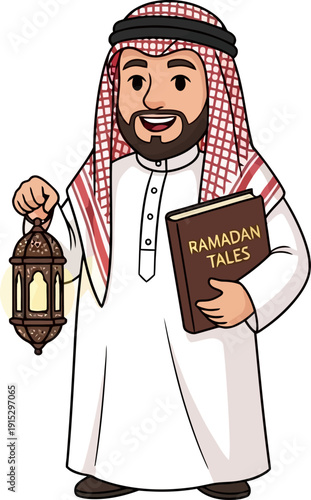 Man in keffiyeh holding a ramadan tales book and metal lantern