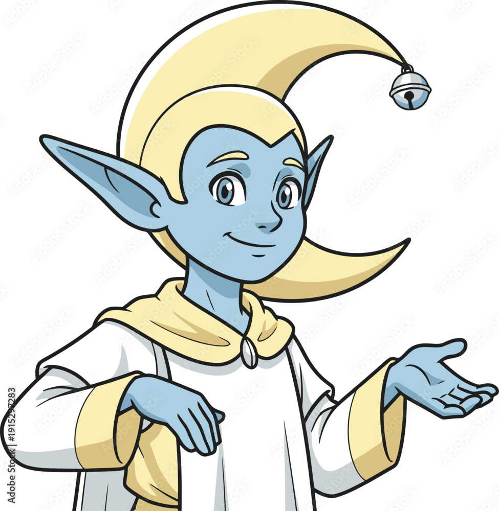 Fototapeta premium Mythical blue sprite with crescent moon headdress and bell