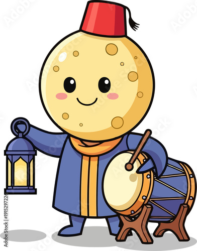Moon mascot wearing red fez holding traditional lantern and drum