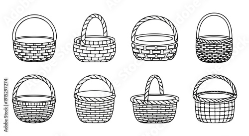Cuadro en lienzo Eight different styles of wicker baskets with handles and lids