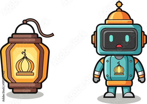 Small teal robot standing next to a large traditional lantern with a mosque design