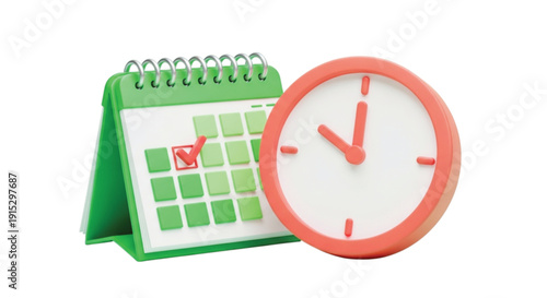 Green spiral-bound calendar with a red checkmark on one date sits beside a round clock with red trim. The scene suggests concepts of time and scheduling.
